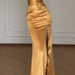 Strapless Gold Satin Beaded Slit Mermaid Evening Gown fg8801