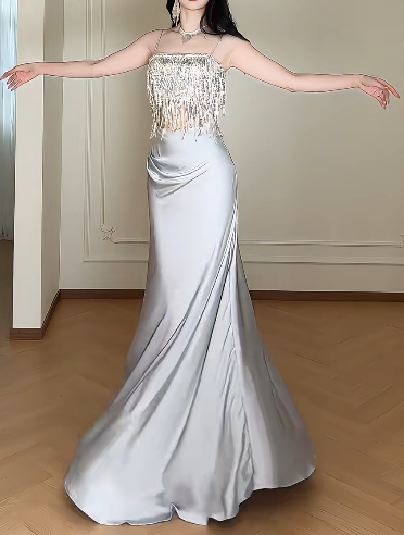 Spaghetti Strap Two Piece Sequin Tassel Satin Mermaid Evening Gown fg8802