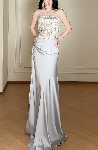 Spaghetti Strap Two Piece Sequin Tassel Satin Mermaid Evening Gown fg8802