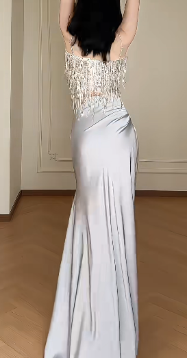 Spaghetti Strap Two Piece Sequin Tassel Satin Mermaid Evening Gown fg8802