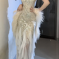 Spaghetti Strap V Neck Beaded Sequin Ruffle Mermaid Evening Dress fg8803