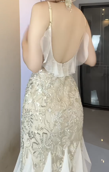 Spaghetti Strap V Neck Beaded Sequin Ruffle Mermaid Evening Dress fg8803