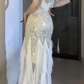 Spaghetti Strap V Neck Beaded Sequin Ruffle Mermaid Evening Dress fg8803