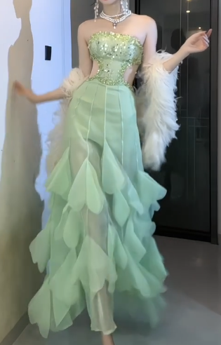 Strapless Cutout Sequin Leaf Tulle Mermaid Prom Dress fg8794
