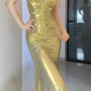 Spaghetti Strap Metallic Ruched Mermaid Evening Dress  fg8790