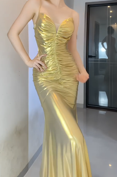 Spaghetti Strap Metallic Ruched Mermaid Evening Dress  fg8790