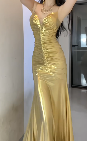 Spaghetti Strap Metallic Ruched Mermaid Evening Dress  fg8790