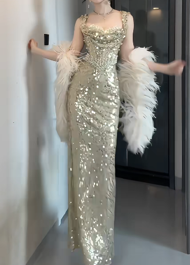 Off Shoulder Beaded Sequin Mermaid Evening Dress fg8805