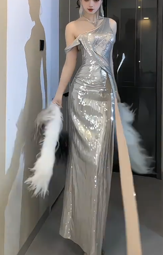 One Shoulder Sequin Slit Mermaid Evening Dress fg8806