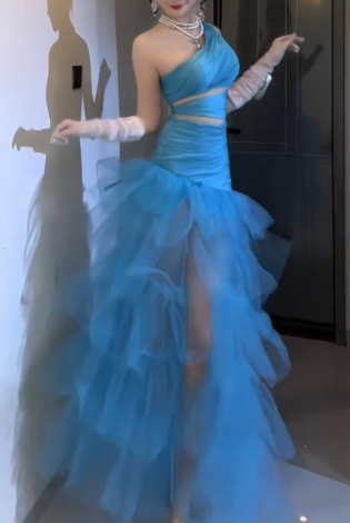One Shoulder Cutout Ruffled Tulle Mermaid Evening Dress fg8809