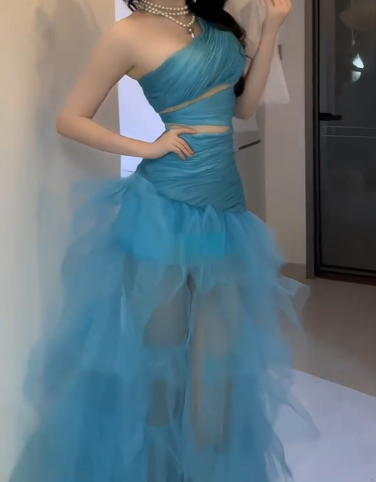 One Shoulder Cutout Ruffled Tulle Mermaid Evening Dress fg8809