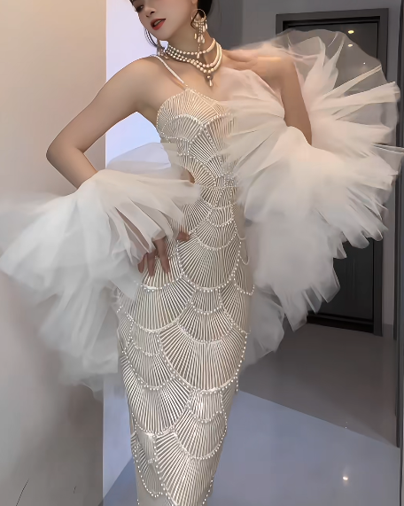 Spaghetti Strap Beaded Cutout Mermaid Evening Dress With Detachable Tulle Puff Sleeves  fg8811