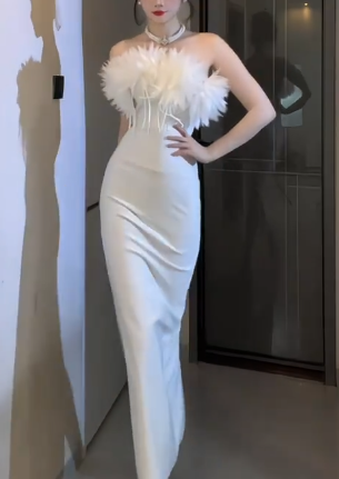 Strapless Feather Midi Split Bodycon Evening Dress fg8812