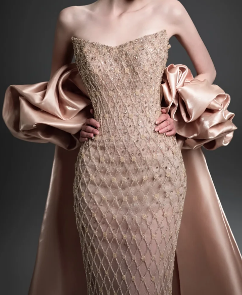Strapless Sweetheart Beaded Mermaid Evening Gown With Detachable Satin Overskirt  fg8819