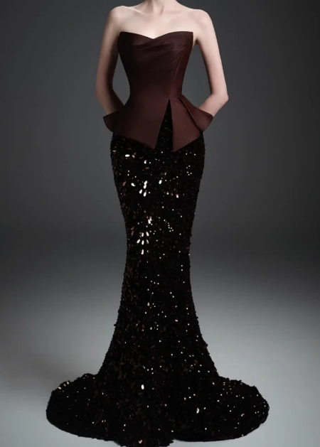 Strapless Sweetheart Satin Peplum Sequin Mermaid Evening Gown fg8820