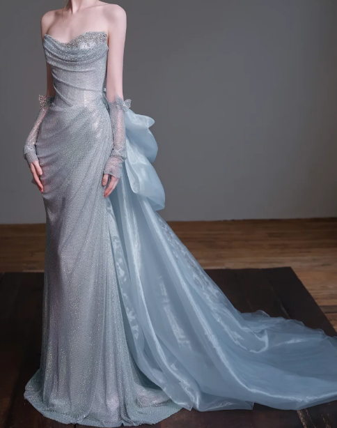 Strapless Ruched Sparkly Mermaid Evening Gown With Bow Train fg8835
