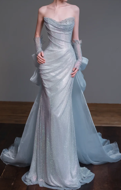 Strapless Ruched Sparkly Mermaid Evening Gown With Bow Train fg8835