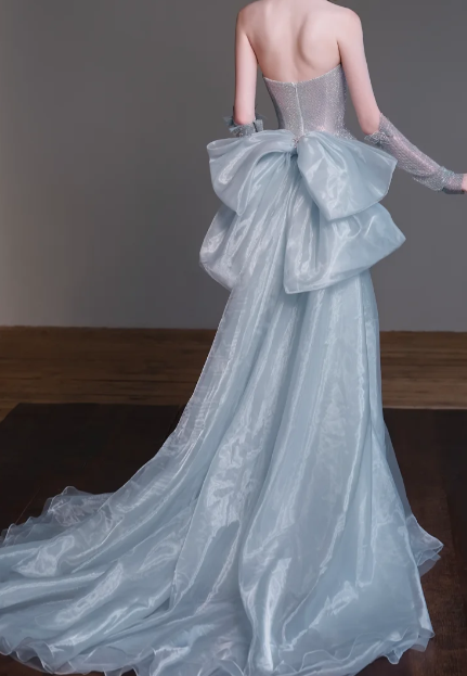 Strapless Ruched Sparkly Mermaid Evening Gown With Bow Train fg8835