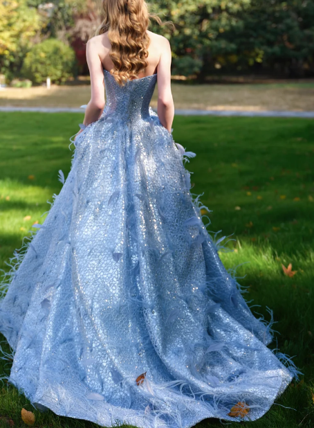 Strapless Sparkly Beaded Feather Ball Gown Evening Dress fg8838