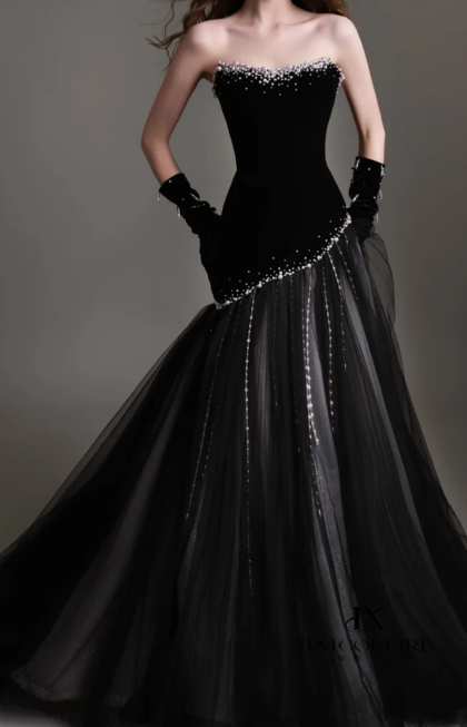 Strapless Beaded Velvet Tulle  Evening Dress fg8839