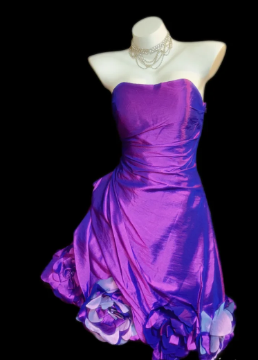 Strapless Ruched Iridescent Taffeta Short Dress With 3D Floral Hem fg8858