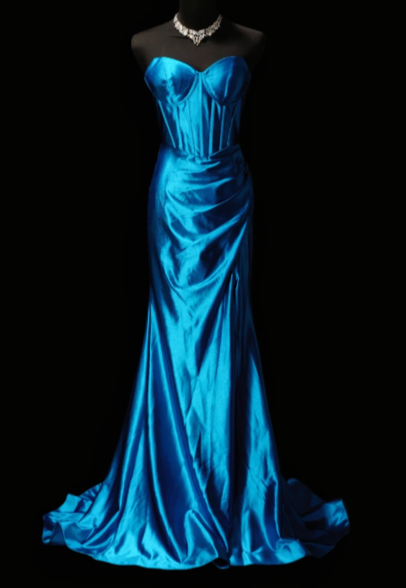 Strapless Sweetheart Corset Satin Mermaid Evening Gown, Peacock Blue Formal Dress fg8865