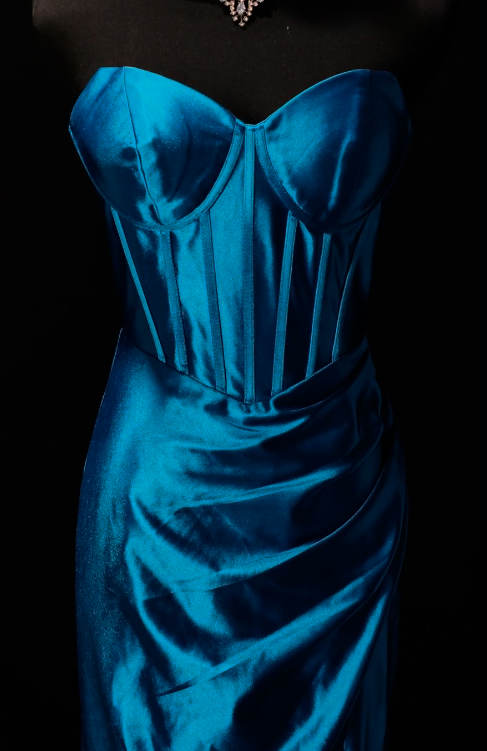 Strapless Sweetheart Corset Satin Mermaid Evening Gown, Peacock Blue Formal Dress fg8865