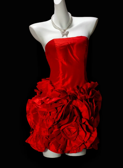 Strapless 3D Floral Ruffle Satin Mini Homecoming Dress, Red Short Party Gown fg8867