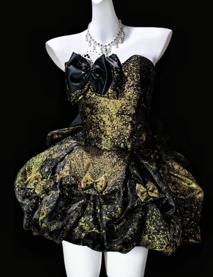 Strapless Bow Glitter Bubble Mini Homecoming Dress, Black Gold Short Party Gown fg8868