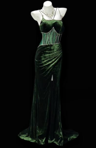Spaghetti Strap Rhinestone Corset Velvet Mermaid Slit Evening Gown fg8876
