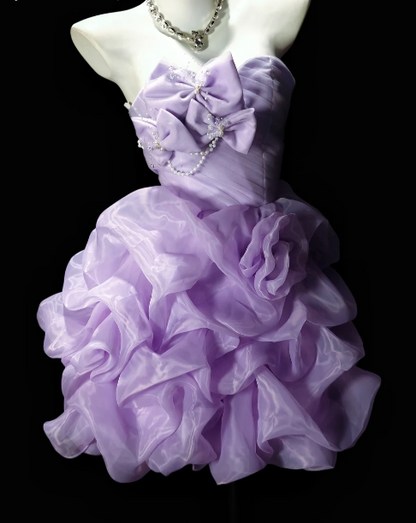 Strapless Bow Pearl Ruffled Organza Short Cocktail Dress fg8882