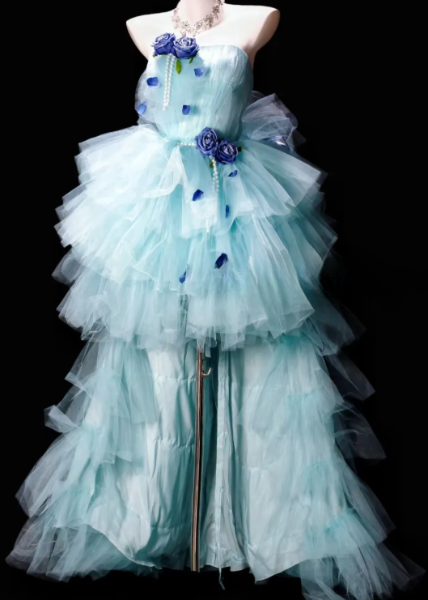 Strapless 3D Floral Pearl Layered Tulle Long Evening Dress fg8883