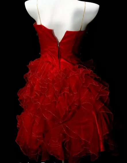Spaghetti Straps Beaded Ruffled Organza Short Homecoming Dress fg8888