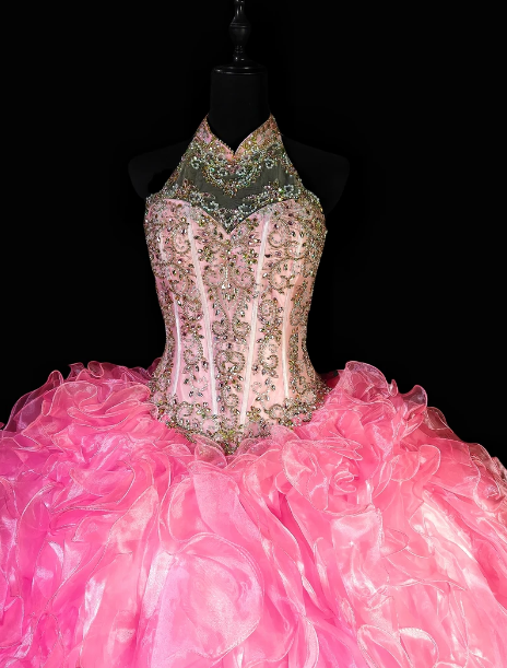 Halter Beaded Ruffled Organza Quinceanera Ball Gown fg8898