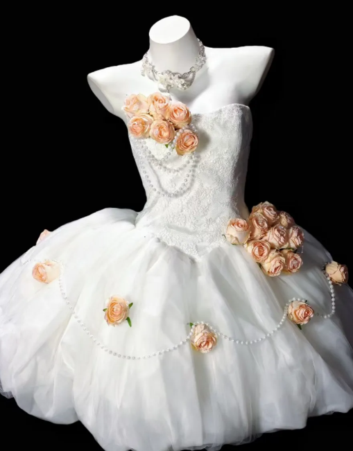 Strapless 3D Rose Pearl Lace Tulle Short Wedding Dress  fg8900