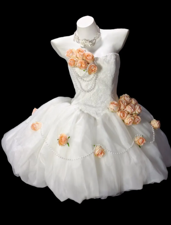Strapless 3D Rose Pearl Lace Tulle Short Wedding Dress  fg8900