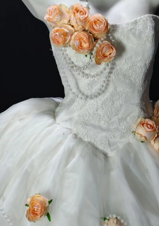 Strapless 3D Rose Pearl Lace Tulle Short Wedding Dress  fg8900