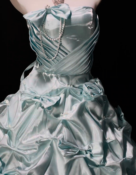 Strapless Ruched Bow Pearl Satin Ball Gown  fg8906