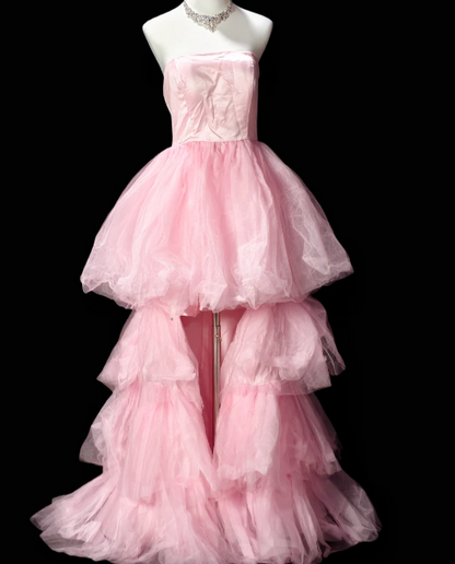 Strapless Tiered Tulle High Low Evening Gown  fg8909