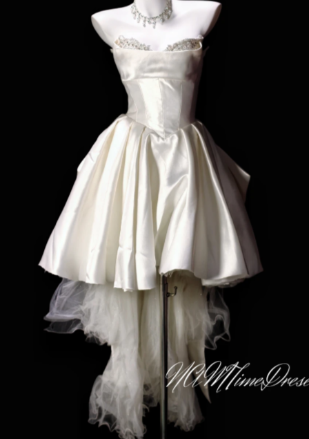 Strapless Beaded Lace Satin High Low Wedding Dress  fg8903