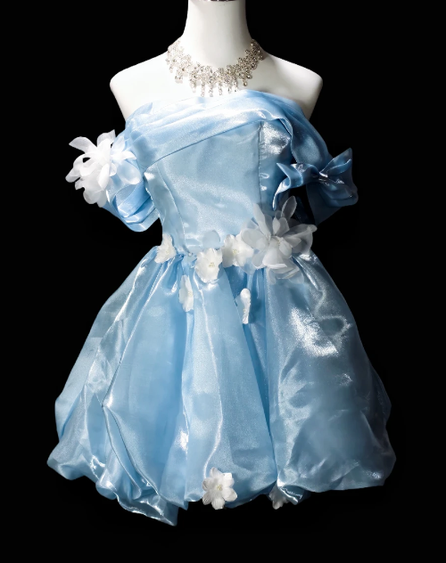 Off Shoulder 3D Floral Shiny Organza Short Bubble Party Dress  fg8902