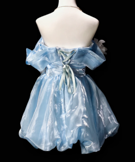 Off Shoulder 3D Floral Shiny Organza Short Bubble Party Dress  fg8902
