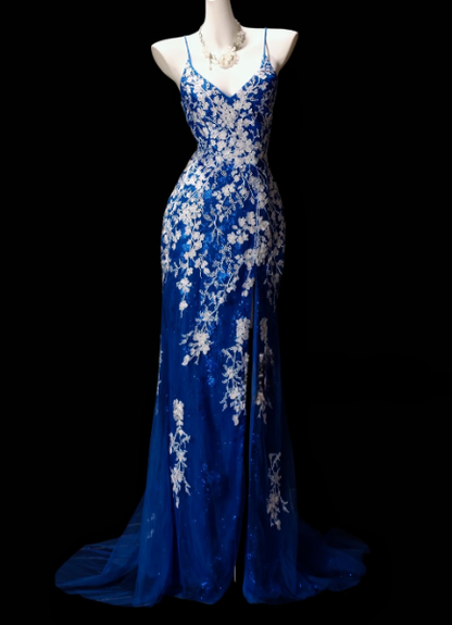 V-Neck Beaded Blue Tulle Mermaid Evening Dress, Formal Prom Gown fg8932