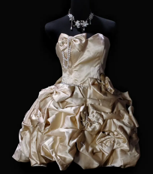 Strapless Bow Pearl Satin Short Puffy Party Dress  fg8904