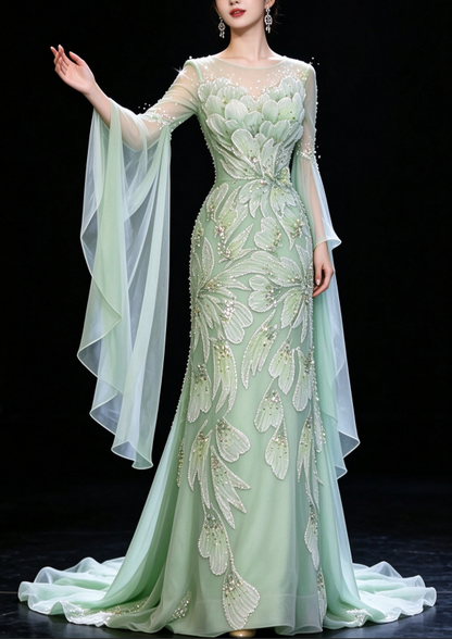 Round Neck Green Mermaid Evening Gown with Flutter Sleeves & Leaf Beaded Appliques fg8965
