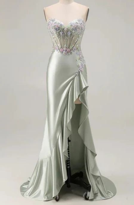 Sage Green Strapless Floral Appliqué Satin High Slit Mermaid Evening Gown fg9077