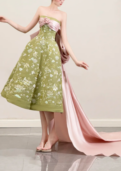 Green Strapless Floral Bow Midi Evening Gown fg9094