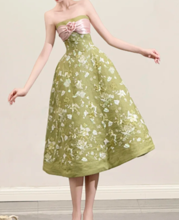 Green Strapless Floral Rosette Midi Evening Dress fg9095