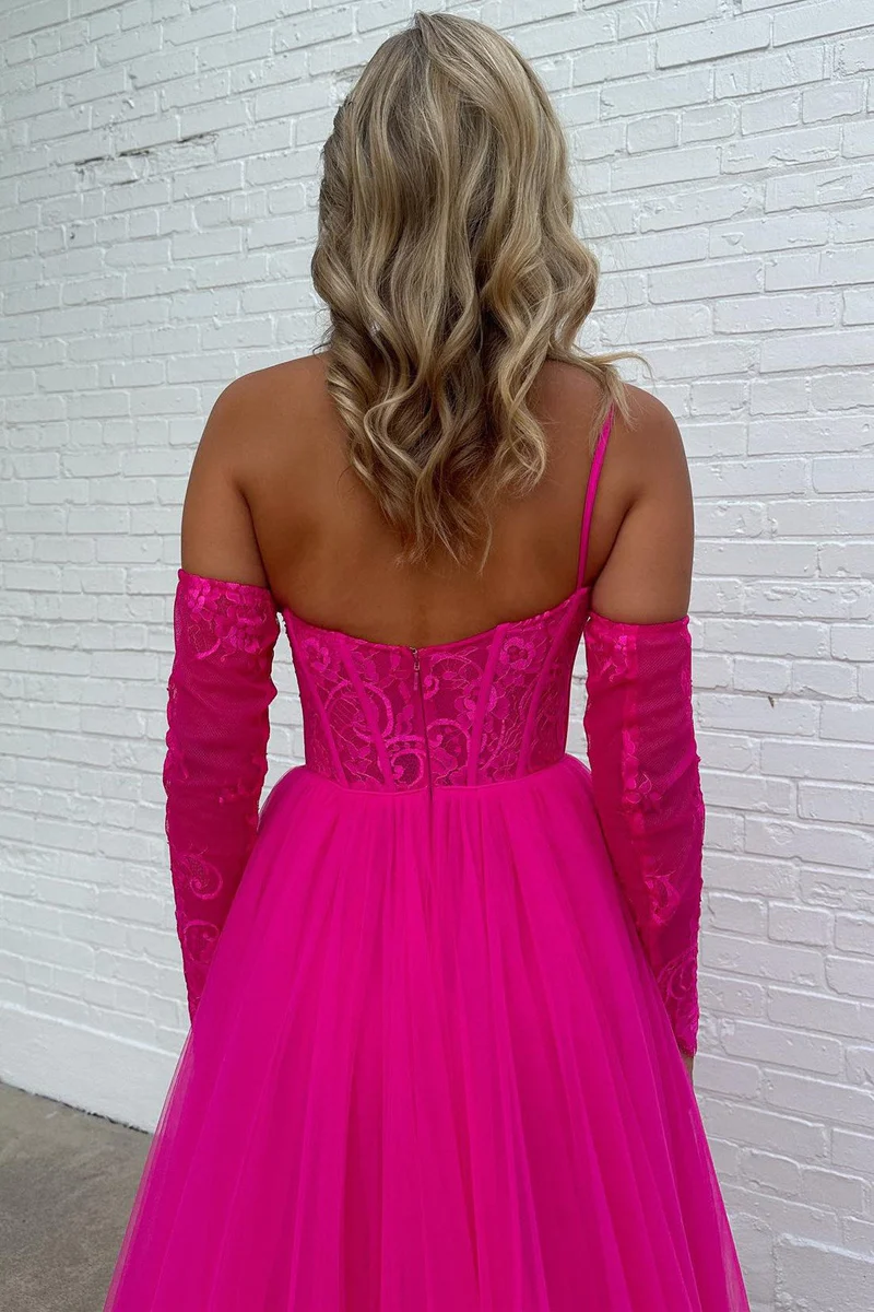 A-Linie One-Shoulder-Spitzen-Tüll-Ballkleid mit Schlitz fg4741