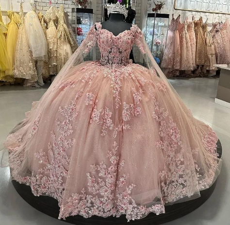 Pink Ball Gown Quinceanera Dresses with Cape 15 Party 3D Flower Princess Dresses with Lace     fg4104